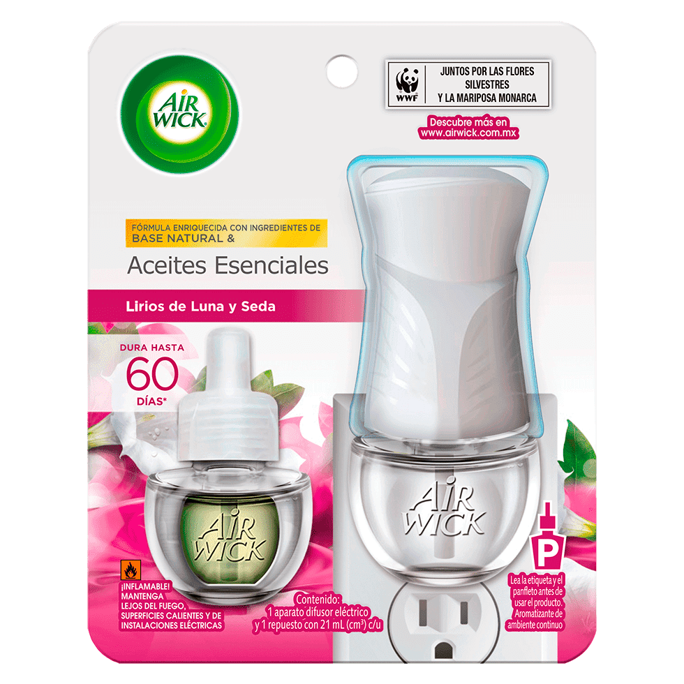 AIR WICK® AROMATIZANTE DE AMBIENTE CONTINUO LIRIOS DE LUNA Y SEDA 1 APARATO DIFUSOR ELÉCTRICO Y 1 REPUESTO 20 ML