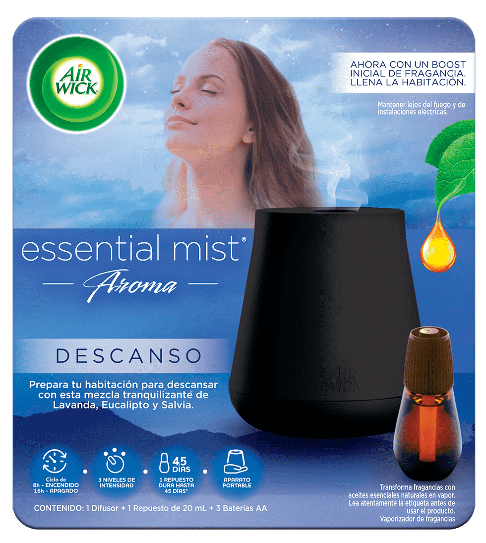  AIR WICK ® ESSENTIAL MIST® DESCANSO, 1 APARATO DIFUSOR DE FRAGANCIAS Y 1 REPUESTO DE 20mL