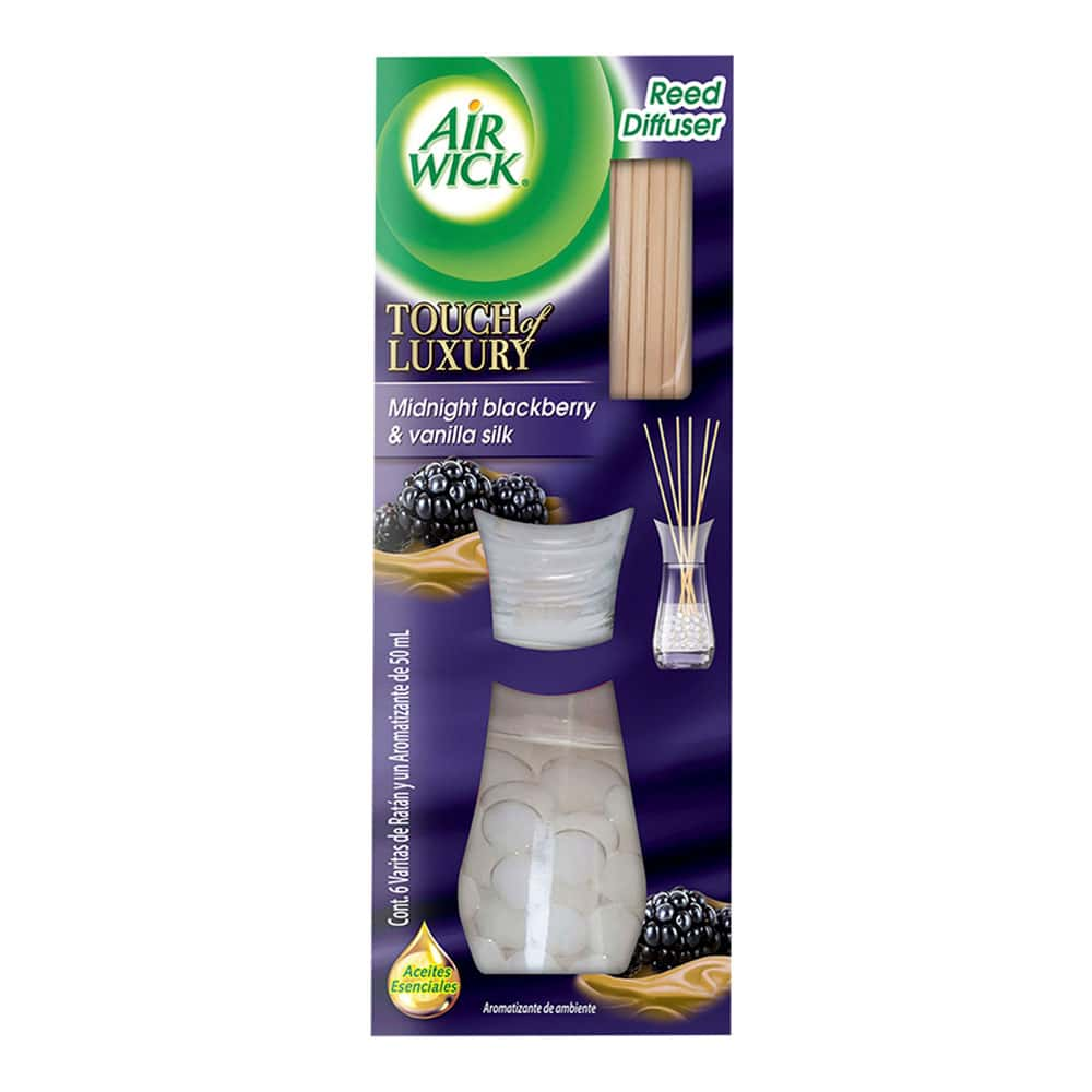 AIR WICK® REED DIFFUSER AROMATIZANTE DE AMBIENTE MIDNIGHT BLACKBERRY & VANILLA SILK, 6 VARITAS DE RATÁN Y 50 mL DE AROMATIZANTE