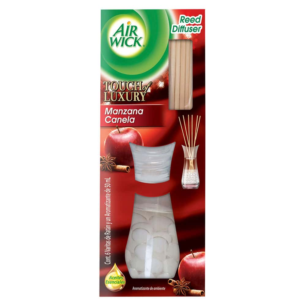 AIR WICK® REED DIFFUSER AROMATIZANTE DE AMBIENTE MANZANA CANELA, 6 VARITAS DE RATÁN Y 50 mL DE AROMATIZANTE