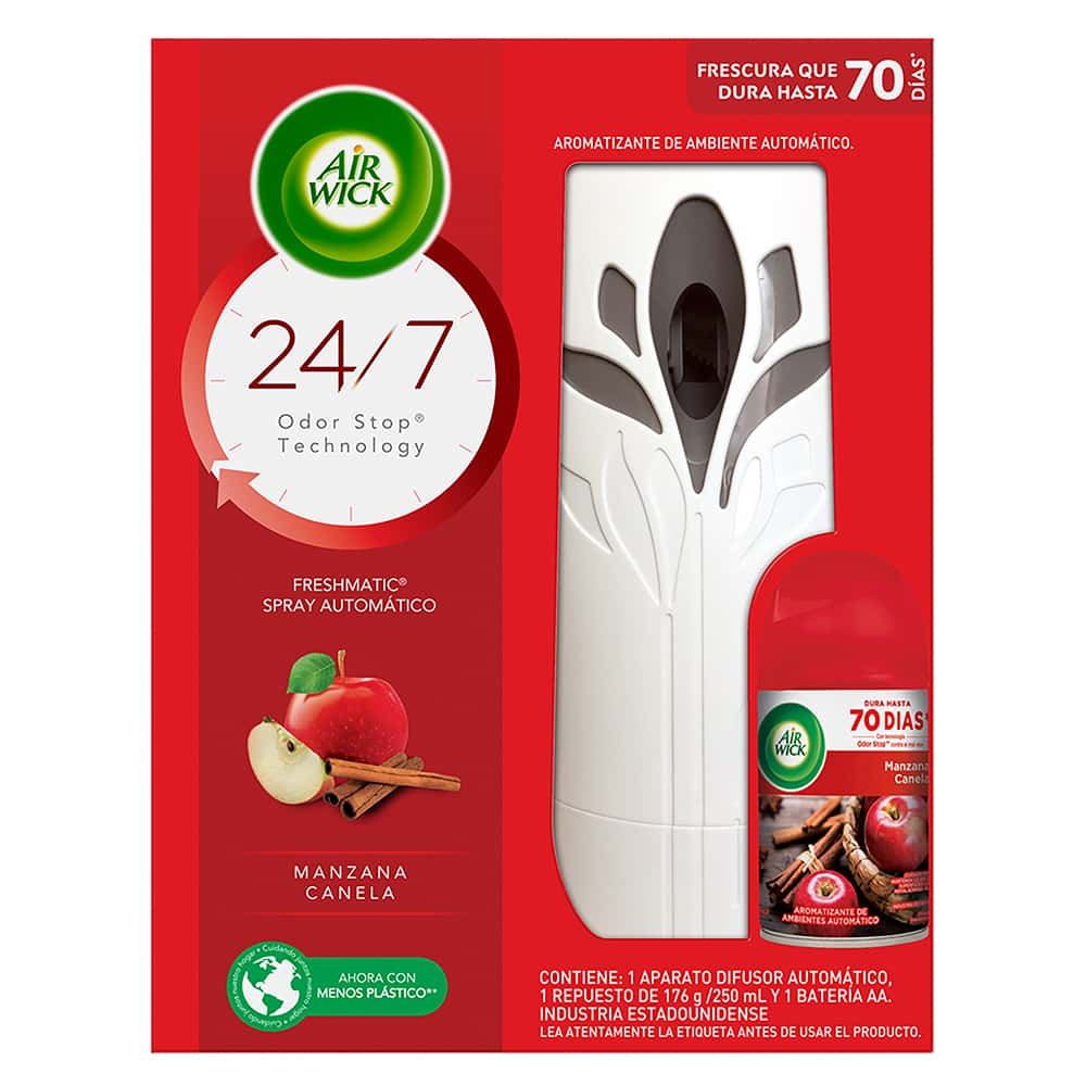 AIR WICK® FRESHMATIC® AROMARIZANTE DE AMBIENTE AUTOMÁTICO MANZANA & CANELA, APARATO DIFUSOR AUTOMÁTICO Y REPUESTO DE 250 mL