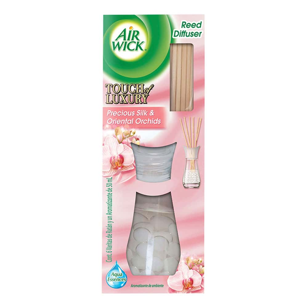 AIR WICK® REED DIFFUSER AROMATIZANTE DE AMBIENTE PRECIOUS SILK & ORIENTAL ORCHIDS, 6 VARITAS DE RATÁN Y 50 mL DE AROMATIZANTE