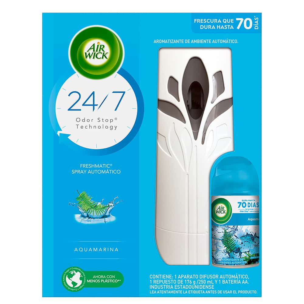 AIR WICK® FRESHMATIC® AROMARIZANTE DE AMBIENTE AUTOMÁTICO AQUAMARINA, APARATO DIFUSOR AUTOMÁTICO Y REPUESTO DE 250 mL