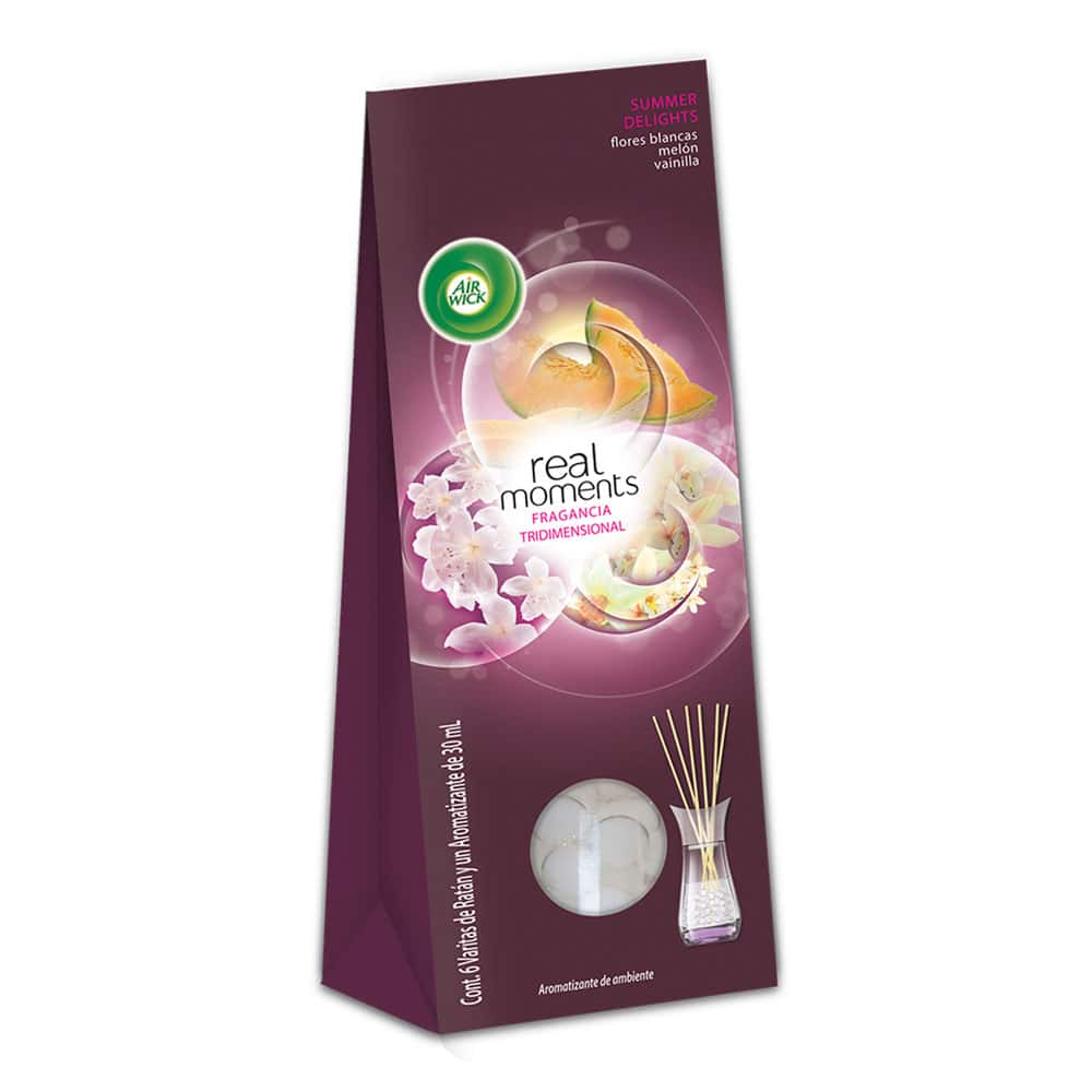 AIR WICK® REED DIFFUSER AROMATIZANTE DE AMBIENTE SUMMER DELIGHTS, 6 VARITAS DE RATÁN Y 30 mL DE AROMATIZANTE