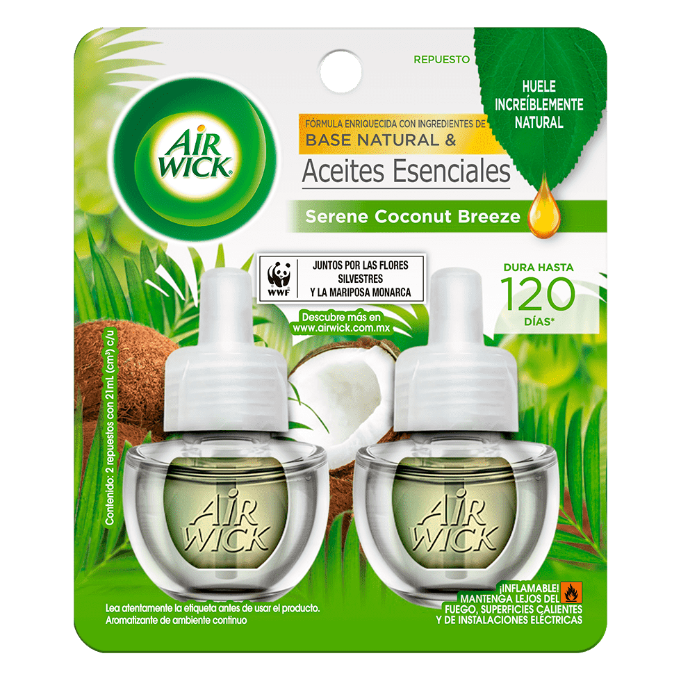 AIR WICK® AROMTAIZANTE DE AMBIENTE CONTINUO SERENE COCONUT BREEZE 2 REPUESTOS 20 ML C/U