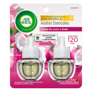 AIR WICK AROMATIZANTE DE AMBIENTE CONTINUO LIRIOS DE LUNA Y SEDA 2 REPUESTOS DE 20 ML C/U