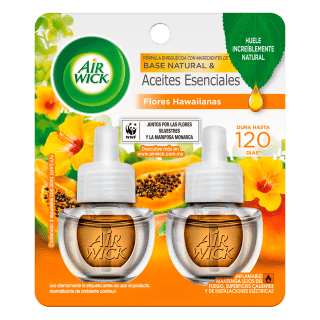 AIR WICK AROMATIZANTE DE AMBIENTE CONTINUO FLORES HAWAIIANAS, 2 REPUESTOS DE 20 mL C/U