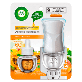 AIR WICK AROMATIZANTE DE AMBIENTE CONTINUO FLORES HAWAIIANAS, APARATO DIFUSOR ELECTRICO Y REPUESTO DE 20 mL